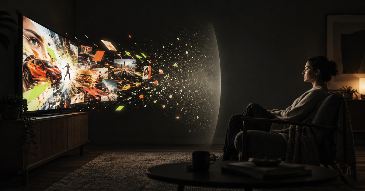 A calm person protected from fragments of digital noise by a translucent field